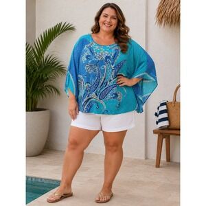 Bob Mackie Wearable Art Blue Paisley Kaftan Blouse Plus Size 3X Kimono Top